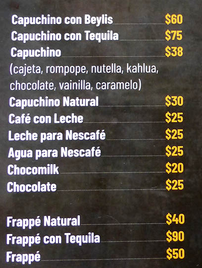 A coffee and tequila menu, Arandas, Jalisco, Mexico
