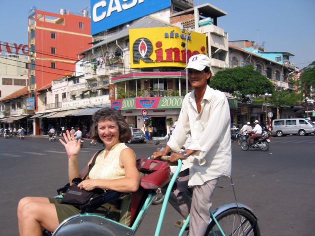 Akaisha in a pedi-cab taking in the sites in Ho Chi Minh City (also known as Saigon) in Vietnam.