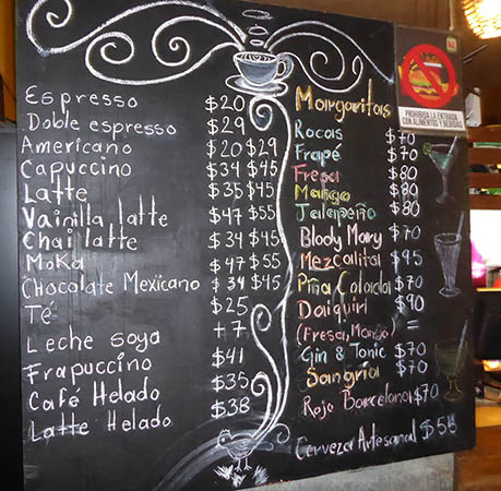Chac Mool's coffee and Margarita menu