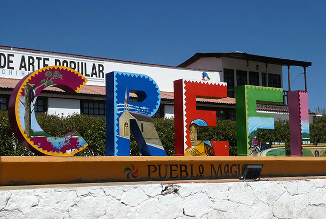 The city sign in the center of town Creel, Mexico, Copper Canyon El Chepe train