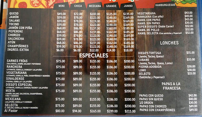 Diego's Pizza Menu, Altotonilco, Mexico