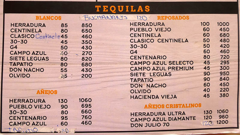 tequila menu in Jesus Maria, Jalisco, Mexico