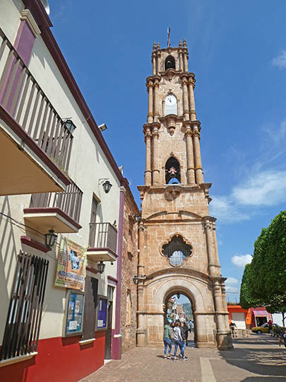 The bell tower in front of parroquia Jesus Maria, Jalisco, Mexico