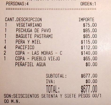 Our bill for 4 people at LOLA Rooftop, Tepatitlan, Mexico