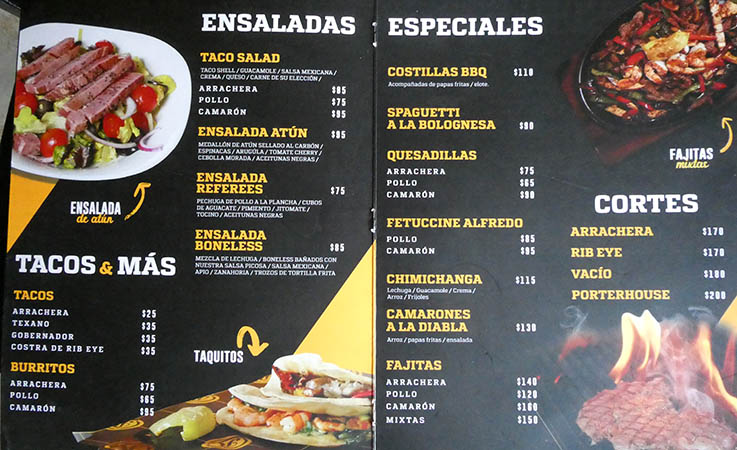 Entre menu at Referees Sports Bar, Jalisco, Mexico