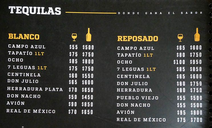 Tequila menu Referees Sports Bar, Jalisco, Mexico
