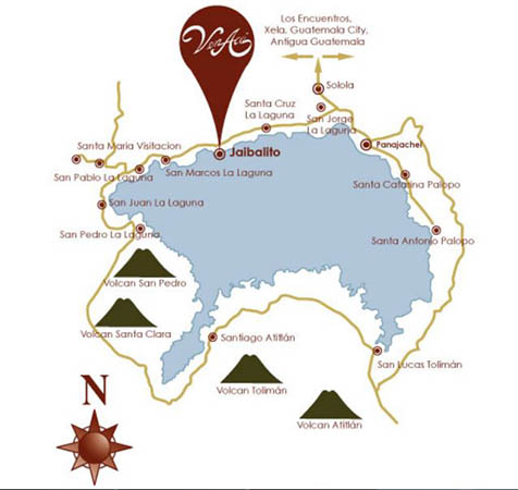 Map of Lake Atitlan with Club Ven Aca marked
