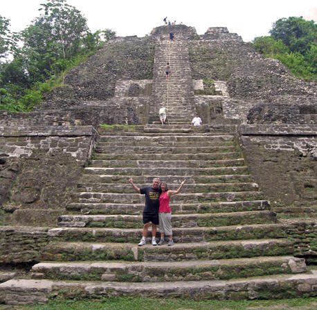 Akaisha and Billy in front of the High Temple. Lamanai, Belize