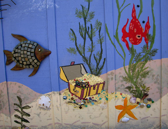 Treasure chest with real gold leaf, colorful fish and sea ferns. Santa Cruz, California