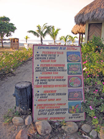 Restaurant menu at Zicatela Beach, Puerto Escondido, Mexico