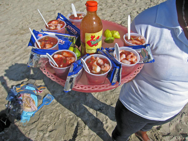 Closer look of shrimp cocktails on the beach, Zicatela, Puerto Escondido, Mexico