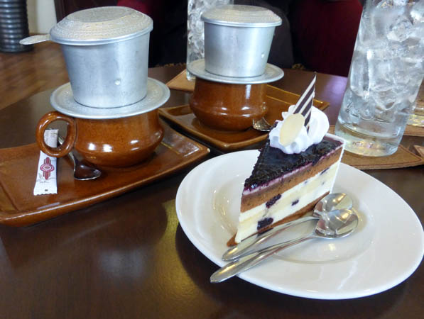 Vietnamese style drip coffee with blueberry cheesecake