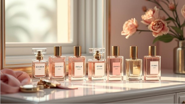 luxury perfume bottles on vanity with soft pink flowers