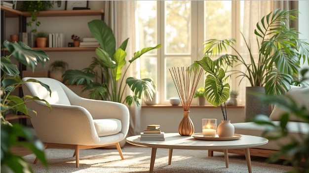 modern living room with indoor plants and scented candles