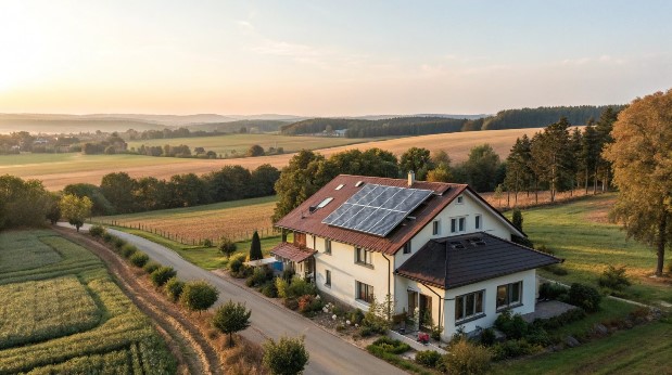off-grid home with solar panels in rural countryside