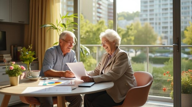 senior couple planning retirement in modern rental apartment