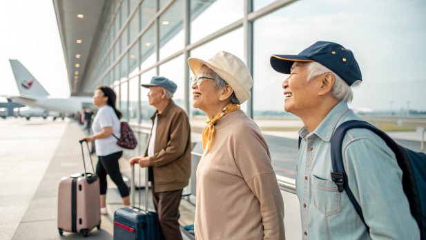cheerful senior travelers waiting at airport with luggage