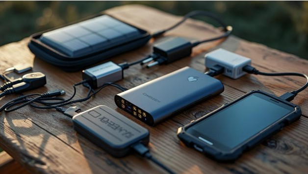 portable travel tech gear with solar power bank setup